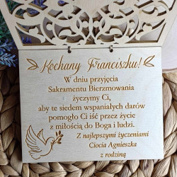 Drewniana kartka urodzinowa - ażurowa złota Pamiątka Bierzmowania